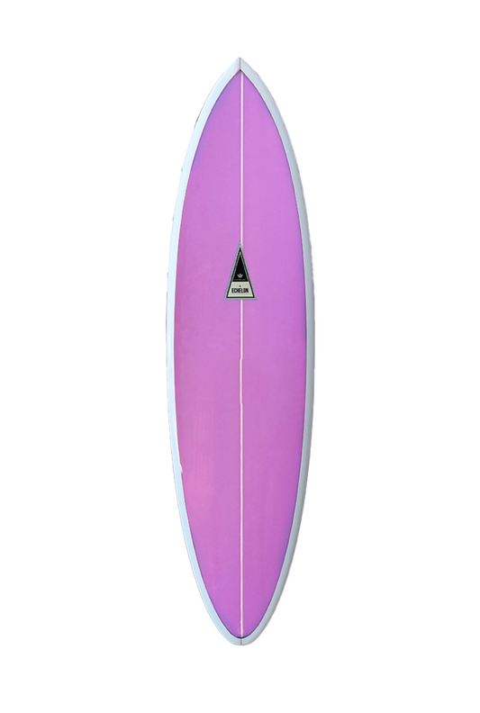 Purple surfboard with a logo on a white background