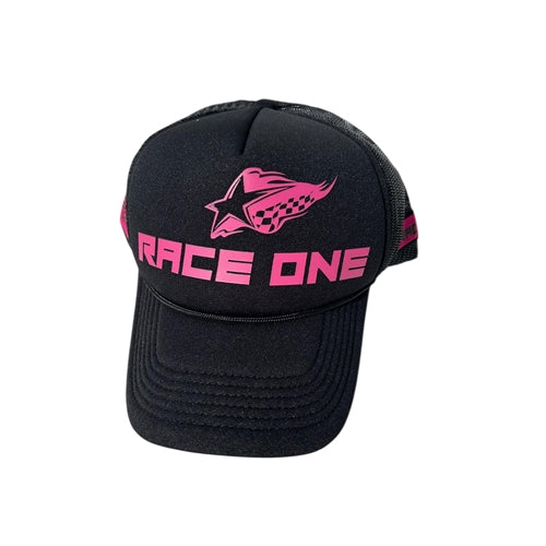 RACE ONE HAT - BLACK WITH PINK LOGO